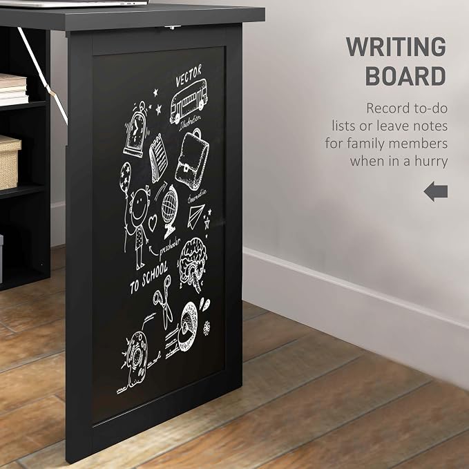 HOMCOM Foldable Convertible Writing Table, Wall Mounted Space-Saving Computer Desk with Chalkboard and Storage Shelves for Small Spaces, Home Office, Bedroom, Dorm, Apartment, Black - Image 6