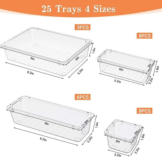 SpaceHacks 25 PCS Plastic Drawer Organizer Set, 4-Size Versatile Organizer Trays & storage Bins for Makeup, Jewelry, and Gadgets in Bathroom, Bedroom and Office,Clear White - Image 2