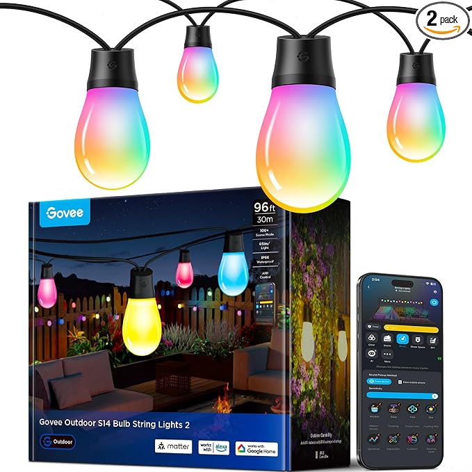 Govee S14 Bulb Outdoor String Lights 2, 96ft RGBICWW, 30 LED Bulbs, IP66 | Patio Lights with 111 Scene Modes for Patio, Backyard, Garden, Compatible with Alexa, Google, Matter, APP Control by Unknown