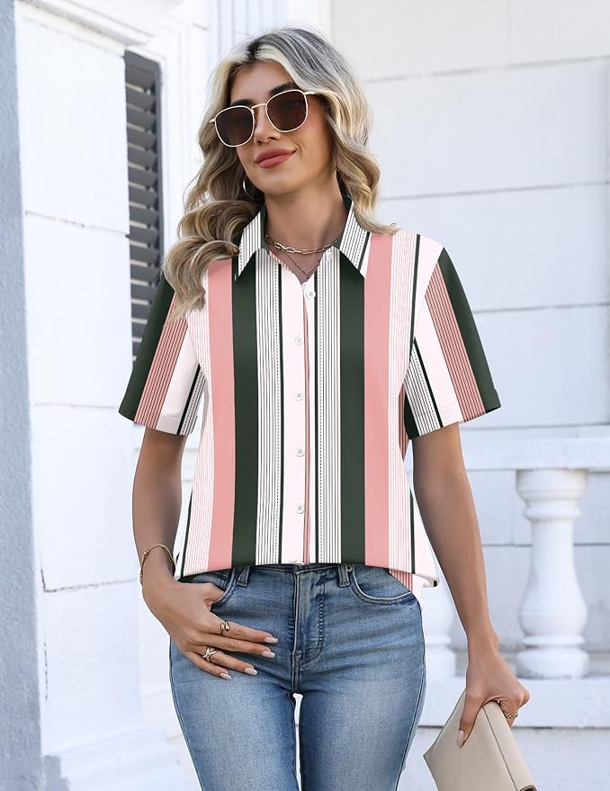 Zeagoo Button Down Shirts for Women Short Sleeve Collared Tops Dressy Casual V Neck Blouses - Image 3