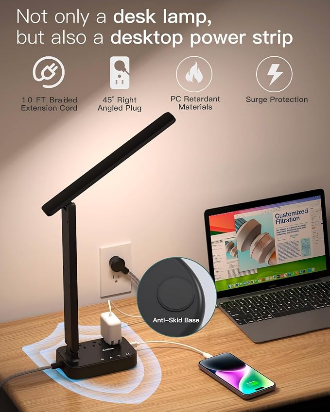 Addtam LED Desk Lamp, Power Strip with 3 Outlets 4 USB Charging Ports(2 USBC), 4 Modes 5 Level Brightness Touch Lamp, Small Desk Lamp for Home Office College Dorm Room Essentials, 10 FT - Image 5