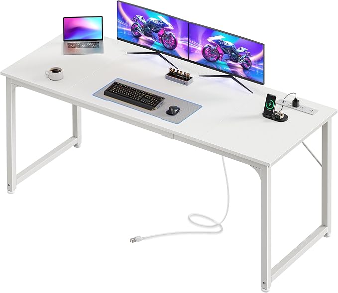 PRAISUN 63 X 24 Inch Computer Desk, Power Outlets, USB-C, White | Office Desk with 4 AC Outlets, USB & USB-C, Sturdy Metal Frame, Spacious Desktop for Work, Writing, Study & Gaming by PRAISUN