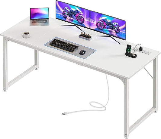 PRAISUN 63 X 24 Inch Computer Desk, Power Outlets, USB-C, White | Office Desk with 4 AC Outlets, USB & USB-C, Sturdy Metal Frame, Spacious Desktop for Work, Writing, Study & Gaming by PRAISUN