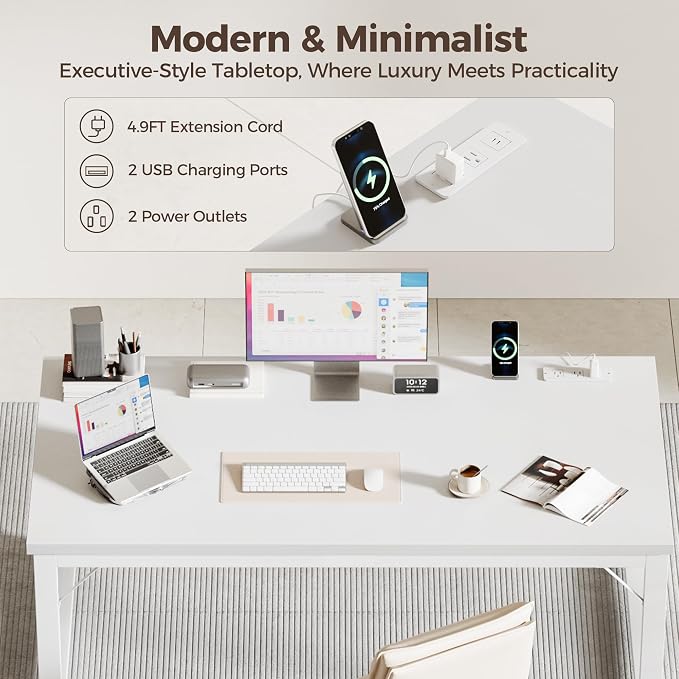 Mericonia 54 Inch Computer Desk with Power Outlets, 1.2" Thick Office Table | Modern Simple Style, Heavy Duty Industrial Frame, Study & Writing Table for Home Bedroom Work, White - Image 5
