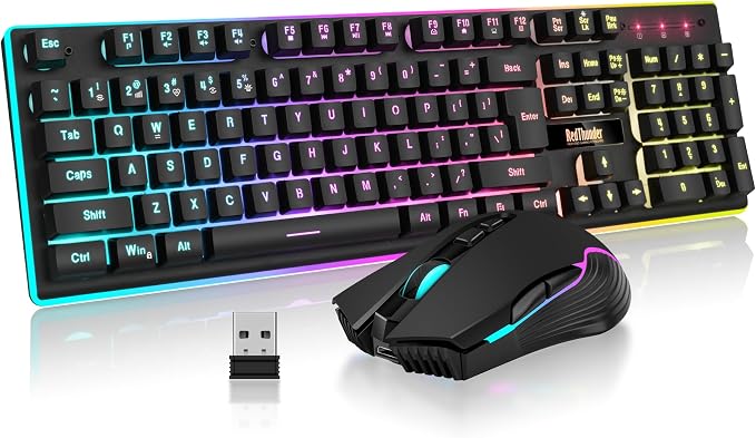 RedThunder K10 Wireless Gaming Keyboard and Mouse Combo, LED Backlit Rechargeable 3800mAh Battery, Mechanical Feel Anti-ghosting Keyboard + 7D 3200DPI Mice for PC Gamer (Black) by RedThunder