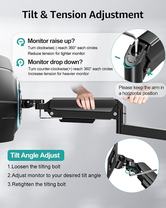 MOUNT PRO Monitor Wall Mount for 22"-49" Ultrawide Flat & Curved Screens, Heavy Duty Single Wall Mount Monitor Arm Holds up to 44 lbs, Full Motion Adjustable Wall Bracket, VESA Mount 75x75mm/100x100mm - Image 8