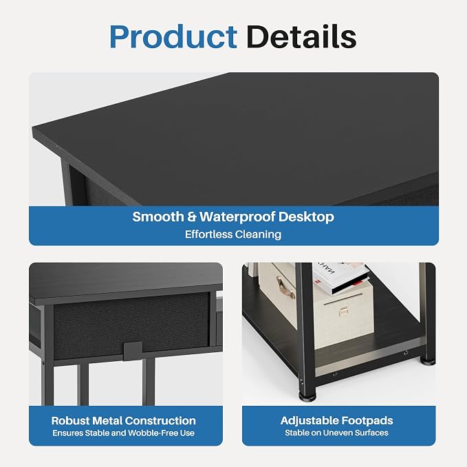 OLIXIS 48 Inch Desk with Storage, Computer Desk, Fabric Drawers | Home Office, Gaming Writing, Study Work, PC Table, Small Space Bedroom, Black - Image 4