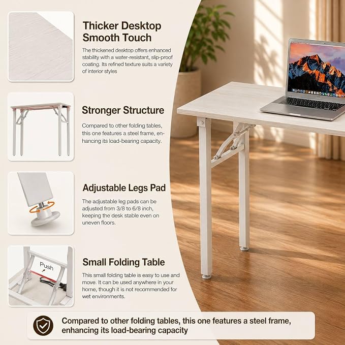 Folding Table Computer Desk - 55.1" No Assembly Folding Desk Design and Foldable Office Desk, Small Desk for Bedroom, Compact Storage Portable Use for Dorm and RV Small Space, White Ash - Image 7