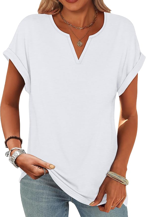 Womens Tops Dressy Casual V Neck Rolled Sleeve T Shirts Fashion Clothing Business Casual Outfits Beach Vacation Clothes - Image 2