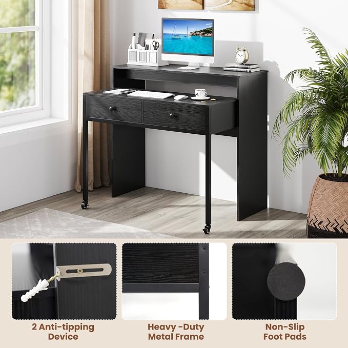 Giantex Small Computer Desk with Hutch & Drawers, Extendable Writing Desk w/Pull Out Secondary Table, Monitor Stand & Rolling Wheels, Console Table, Compact Desk for Small Spaces, Home Office (Black) - Image 8