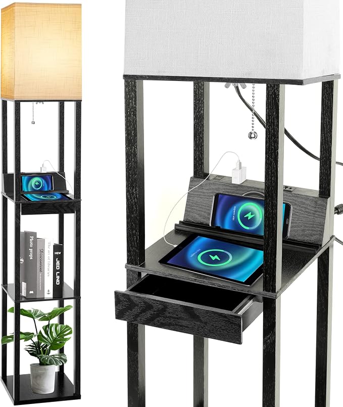 Floor Lamp with Shelves, RUNTOP LED Shelf Floor Lamp with Wireless Charger & 2 Charging USB Ports & Drawer, AC Outlet, 3 Color Temperature Tall Standing Lamp with Bulb for Living Room, Bedroom, Office by RUNTOP