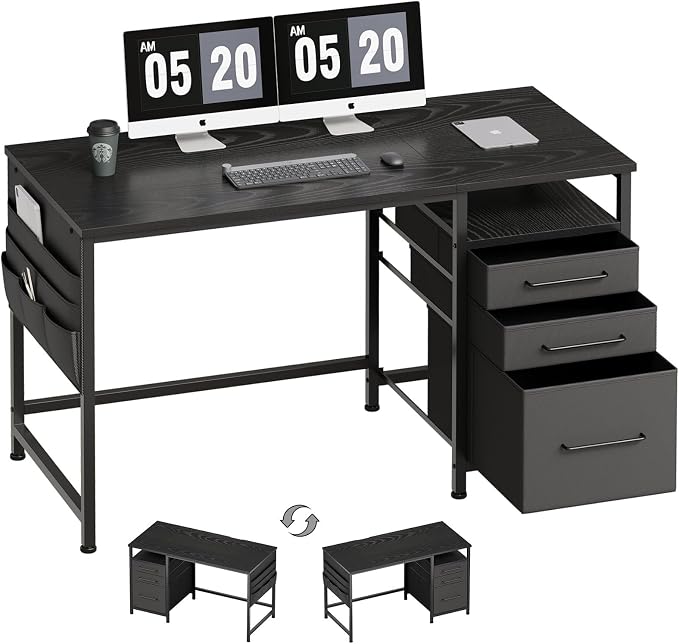 Maihail Small Desk with Drawers, Office Desk with Storage Shelves, Black | 47 Inch Desktop, Metal Frame, 3 Fabric Drawers, Storage Shelves, Computer & Writing Desk, Office Gaming Workstation by Maihail