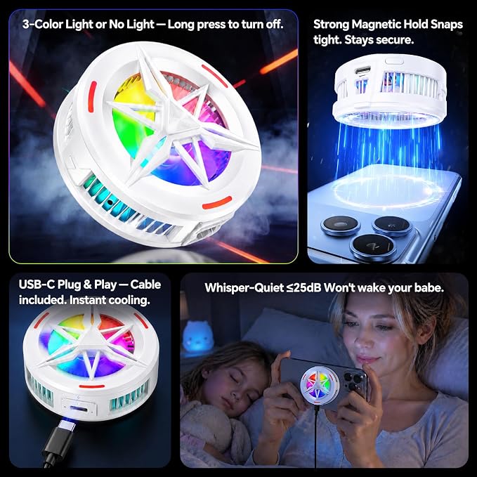 Basics RGB Magnetic Phone Cooler, Low Noise USB Gaming Cooling Fan, Magnetic Ring & Clip Compatible with iPhone/Andriod Phone - Image 5