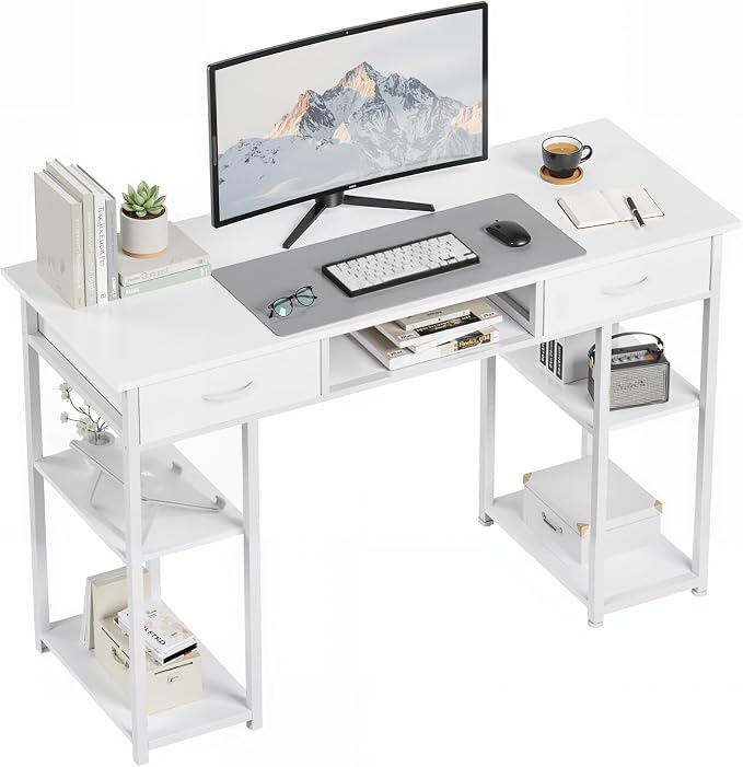 OLIXIS Desk with Storage, Computer Desk, Fabric Drawers | Home Office Work Table, Study Gaming Writing Table, Bedroom Small Space, White by OLIXIS