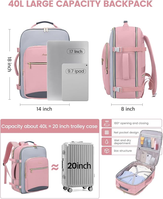 LOVEVOOK 40L Travel Backpack for Women & Men, Airline Approved Carry On Luggage with 3 Packing Cubes, TSA Overnight Bags, Waterproof Personal Item Bag, Weekender Essentials Backpacks fits 17" Laptop - Image 4