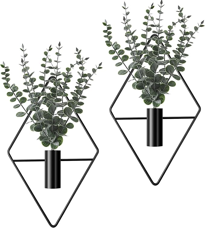 Jexine 4 Pcs Hanging Planters with Artificial Eucalyptus Metal Hanging Vase Indoor Plants Holder Modern Geometric Boho Bathroom Wall Decor for Living Room Home Office(Black) by Jexine