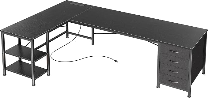 Huuger 63 Inch L Shaped Desk with Fabric Drawers, Reversible Computer Gaming Desk with Power Outlets and USB-C Port, Adjustable Side Storage Shelves, for Work Study Corner Home Office, Black by Huuger