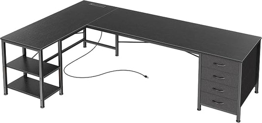 Huuger 63 Inch L Shaped Desk with Fabric Drawers, Reversible Computer Gaming Desk with Power Outlets and USB-C Port, Adjustable Side Storage Shelves, for Work Study Corner Home Office, Black by Huuger