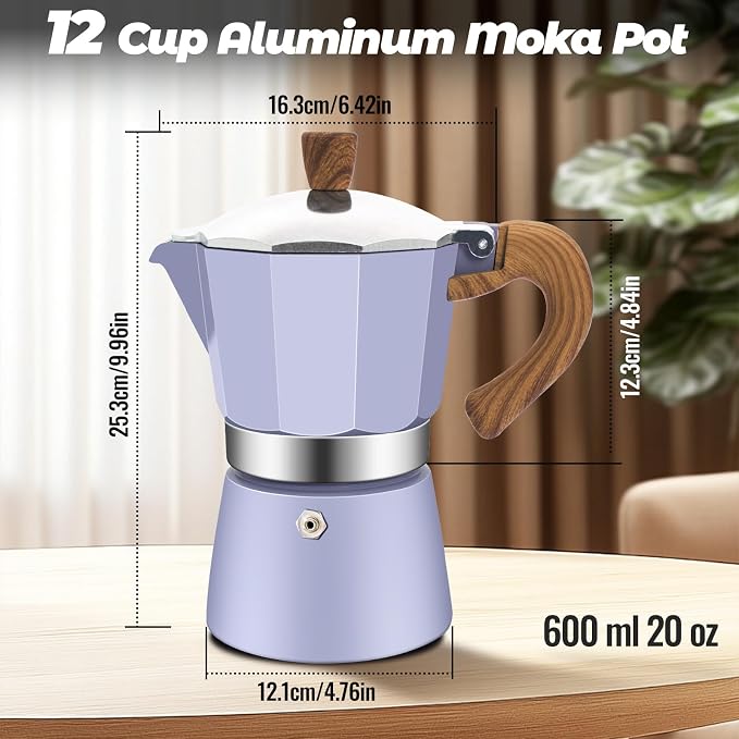 12 Cup Aluminum Moka Pot Classic Stovetop Espresso Coffee Maker 600ml 20oz Coffeemaker Percolator Mocha Pot Greca Coffee Maker Cafe Makers for Italian and Cuban Café Brewing Purple - Image 2