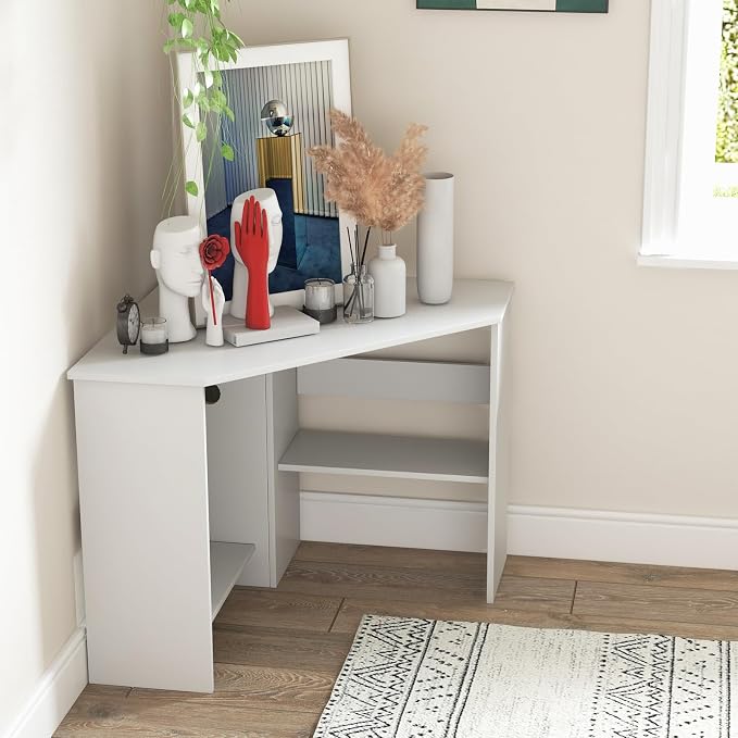 GOFLAME Corner Desk with Storage Shelves, Triangular Computer Desk with Cable Management Holes, Laptop Workstation for Small Space, Makeup Vanity Desk for Living Room, Study, White - Image 5