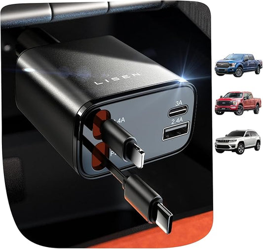 LISEN Retractable Car Charger 4 in 1 for Cars, 69W Retractable USB C Car Charger with 31.5in Cable, Fast Charging for iPhone 17 16 15 14 13 12 Pro Max Plus, Compact Cars Accessories for Daily Driving by Lisen