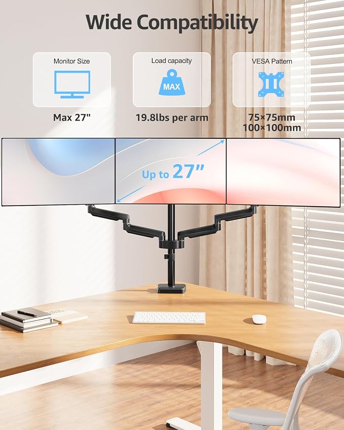MOUNTUP Triple Monitor Stand Mount - 3 Monitors Desk Mount for Computer Screens Up to 27 inch, Triple Monitor Arm, Heavy Duty Monitors Stand, Each Arm Holds 4.4-19.8 lbs, Black - Image 2