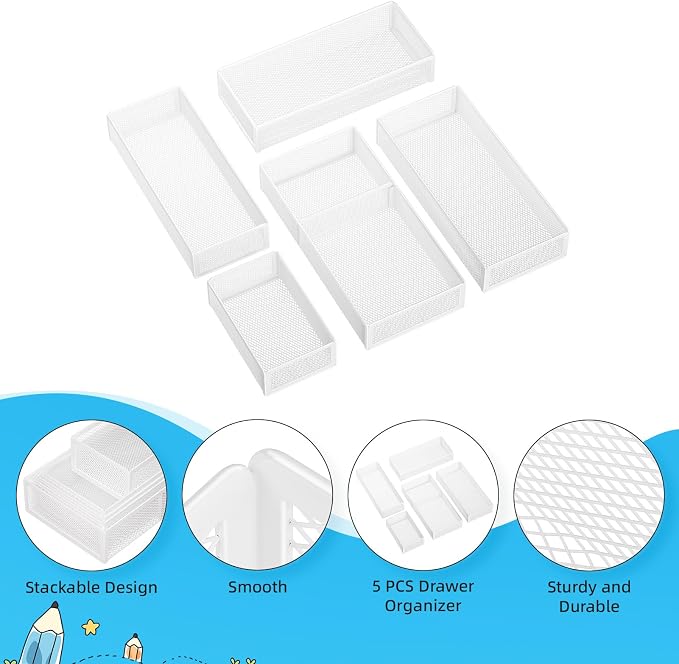 Marbrasse 5 Pack Desk Drawer Organizer Set, Mesh Drawer Storage Trays with 1 Adjustable Divider, Desk Organizers and Accessories, 5 PCS Drawer for Office Supplies, Makeup & Vanity (White) - Image 5