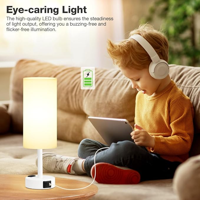 Fenmzee Matte White Bedside Table Lamp for Bedroom - 3 Way Dimmable Touch Lamp USB C Charging Ports and AC Outlet, Small Lamp Round Flaxen Fabric Shade for Living Room, Desk, LED Bulb Included - Image 4