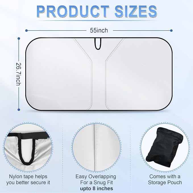 SINGARO 300T Universal Car Windshield Sun Shade, Foldable Reflective for Windshield & Window Shades with Overlapping Design, Car Interior Accessories (58" L x 32" W) - Image 2