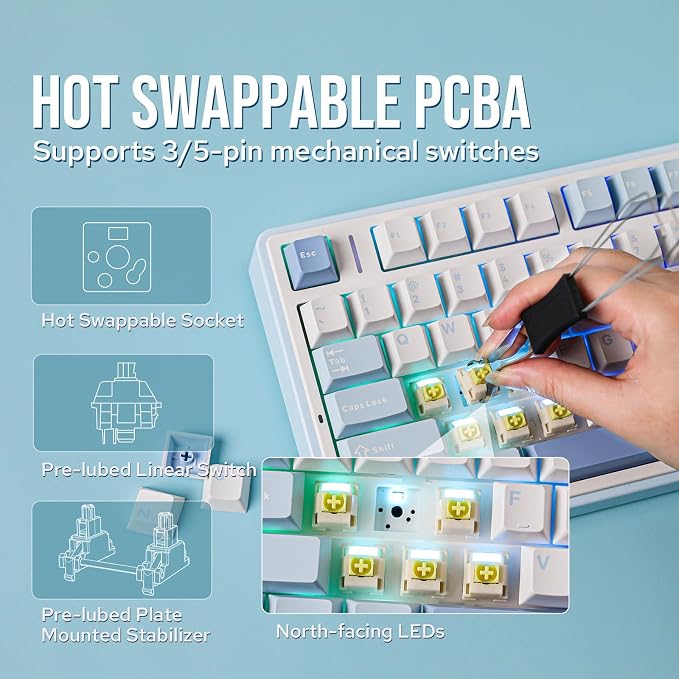EPOMAKER x Aula F75 Gasket Mechanical Keyboard, 75% Wireless Hot Swappable Gaming Keyboard with Five-Layer Padding&Knob, BT/2.4GHz/USB-C, RGB (Sea Salt Blue, Ice Vein Switch) - Image 4