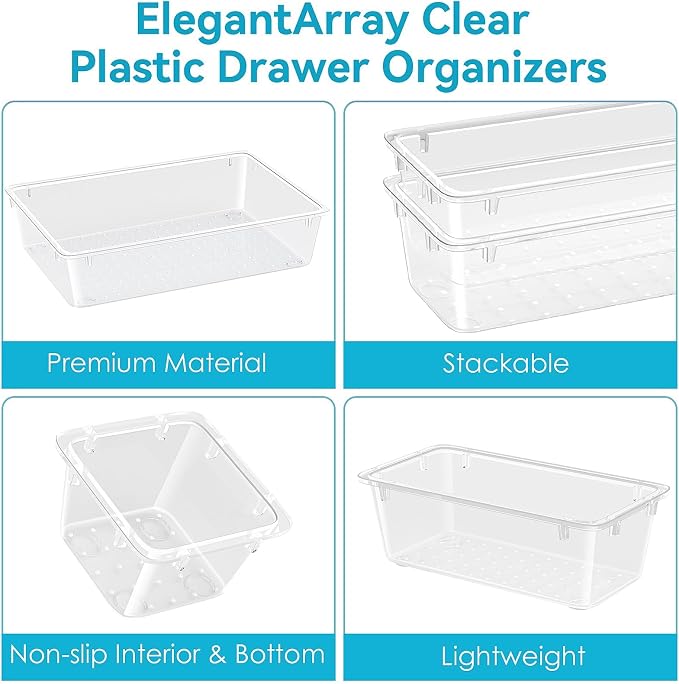 ElegantArray 36 PCS Drawer Organizer Set, 4 Sizes Tool Storage Trays, Clear Plastic Makeup Vanity Organizer and Storage Bins for Makeup, Stationeries, Multiple Gadgets for Bathroom, Office, Bedroom - Image 3