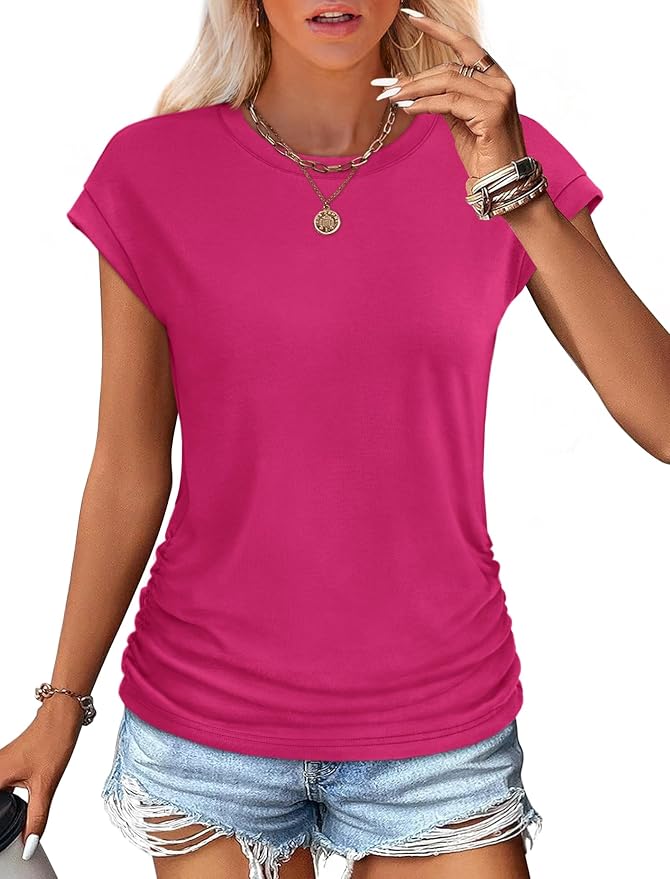 Sampeel Womens Summer Tops Trendy 2026 Ruched Cap Short Sleeve Tshirts Shirts Crew Neck T Shirts Fashion - Image 2