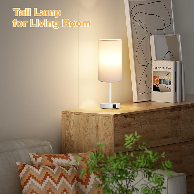 Dicoool 17.4" Bedside Lamp for Bedroom - Dimmable Touch, USB A+C, AC Outlet | LED Bulb Included, 3-Way Dimmable, 17.4" Table Lamp for Living Room, Dorm, White Fabric Lampshade, White Metal Base - Image 6