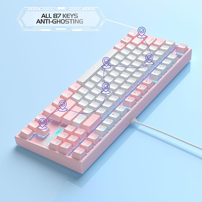 MageGee 75% Mechanical Gaming Keyboard, Red Switch, LED Blue Backlit, 87 Keys Compact TKL Wired Computer Keyboards for Windows Laptop PC Gamer - White/Pink - Image 5