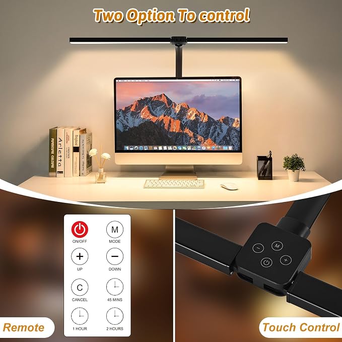LED Desk Lamp with Clamp, Dual Head Monitor Light, Remote | 24W Dimmable Eye-Caring Task Lamp with Timer, Anti-Glare Cover and Gooseneck for Home Office Dorm, Workbench and Study - Image 2