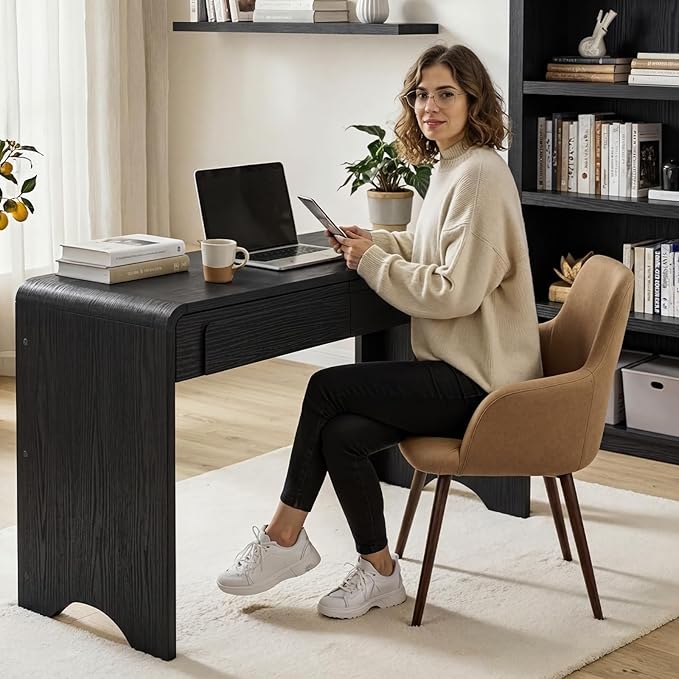 Bestier Computer Desk with 2 Drawers, 47 Inch Wood Home Office Desk, Writing Table with Curved Handles & Waterfall Rounded Edges, Cute Modern Desks for Bedroom Study Living Room, Black - Image 3