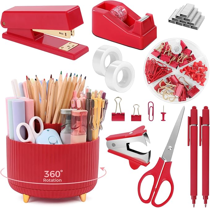 SKYDUE Red Office Supplies Set, Pencil Holder for Desk, Stapler, Tape Dispenser, Scissors,Clips and 1000pcs Staples, Office Decor for Women, Red Desk Accessories by SKYDUE