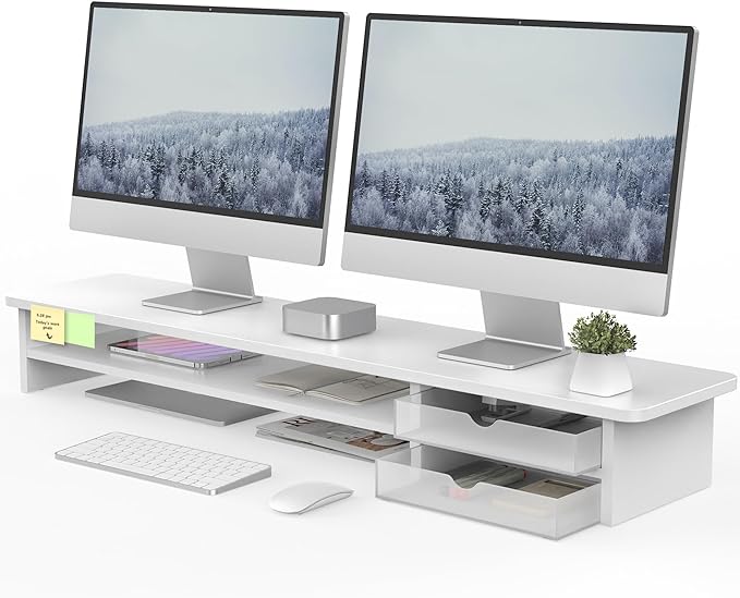 Fenge Monitor Stand, Dual Monitor Riser, 42.5inch Large Desk Computer Monitor Stand Riser with Drawer, 2 Tier Wood & Acrylic Desktop Organizer for Computer, Laptop, Printer, TV Screen Riser by Fenge