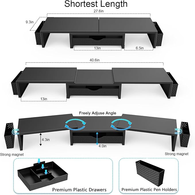 gianotter Dual Monitor Stand Riser, Desk Organizer With Drawer and 2 Pen Holders, Computer Monitor Stand, Desk Shelf for Top of Desk (Black) - Image 6