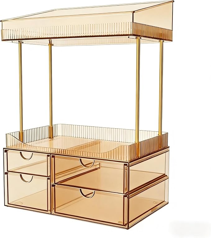SNSLXH 4-Tier Clear Makeup Organizer Bathroom Storage Amber | 4 Drawers Cosmetics Organiser, Ideal for Countertop, Bathroom, Office, Dresser, for Cosmetics, Skincare, Perfume, Lipstick by SNSLXH