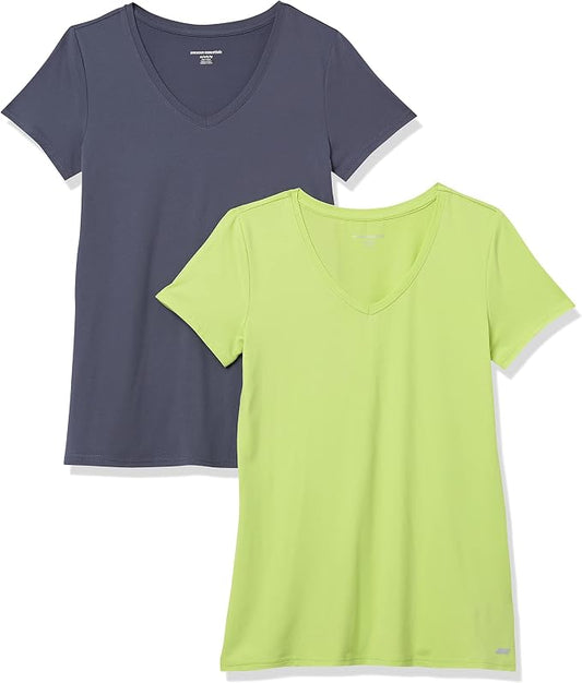 Amazon Essentials Women's Active Quick Dry Tech Stretch Short-Sleeve V-Neck T-Shirt (Available in Plus Size), Pack of 2 by AmazonEssentials