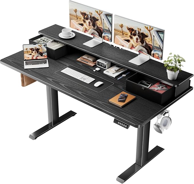 Veken 55x26 in Electric Standing Desk with Drawers, Adjustable Table, Black | Stand up Computer Desk for Home Office, Work & Study, with Storage, 3 Memory Presets, Cable Organizer, Hook, and Quiet Lift. by Veken