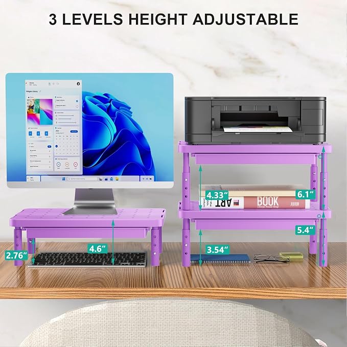 WALI Computer Monitor Stand with Storage, Desk Monitor Riser 3 Height Adjustable, Laptop Riser with Airflow Vents, Desk Organizer for Computer, Laptop, Printer (PTT002-V), 1 Pack, Violet - Image 2