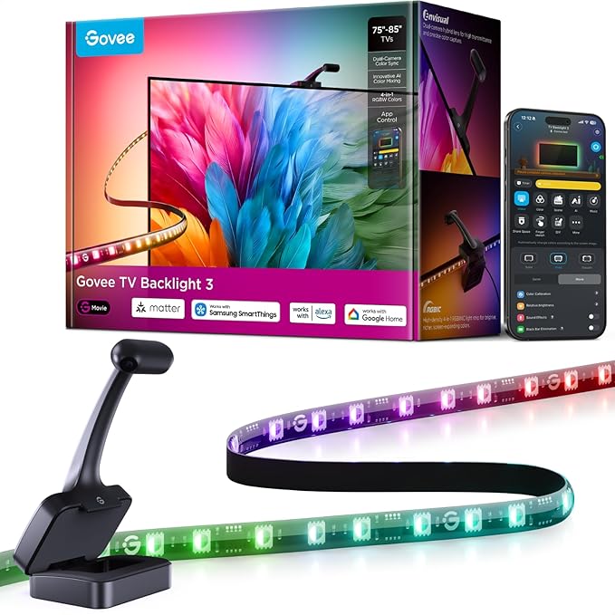 Govee TV Backlight 3 with Dual 4MP Lens, TV Lights Sync to 75-85 Inch TVs | RGBWIC LED Strip Lights for Movie Night, Smart AI Color Filter, App & Voice Control, Compatible with Matter, 60LEDs/m, 16.4ft by Unknown