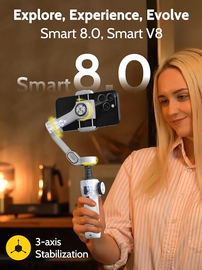 AOCHUAN Cellphone Gimbal for Video Recording w/AI Tracking,3 -axis Vlogging Gimbal stabilizer for iPhone w/OLED Display, Smartphone Holder w/7.8' Extension Rod, Trigger Button Smart V8(White) - Image 2