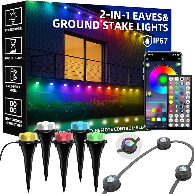 200 FT 2-in-1 Eaves & Ground Stakes LED String Lights, Outdoor RGB Light with App & Remote Control for House, Garden, and Landscape, Waterproof Smart Color-Changing Lighting for Holiday Everyday Decor by Geodurn