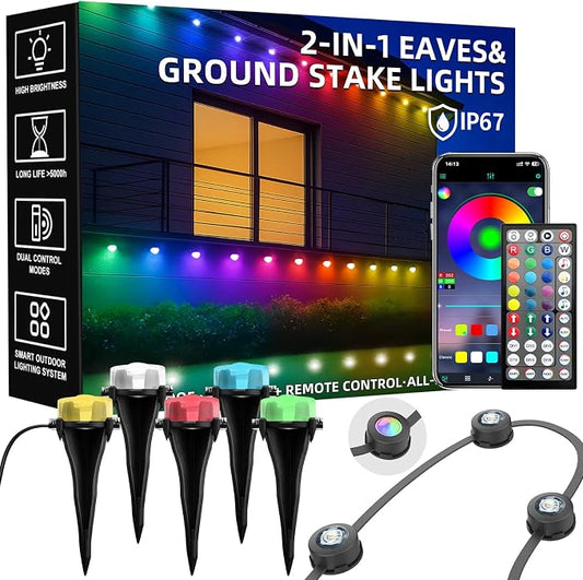 200 FT 2-in-1 Eaves & Ground Stakes LED String Lights, Outdoor RGB Light with App & Remote Control for House, Garden, and Landscape, Waterproof Smart Color-Changing Lighting for Holiday Everyday Decor by Geodurn