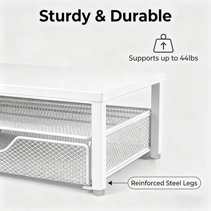 Spacrea Desk Organizer and Accessories, Computer Monitor Stand Riser with Drawer and 1 Open Pen Holder, Printer & Laptop Stand, Office Desk Accessories for Home Office Supplies (White) - Image 4
