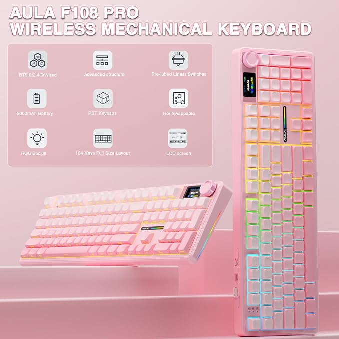AULA F108 PRO - Wireless Mechanical Keyboard with Screen & Knob,Full Size Keyboard with 8000mAh Battery,Pre-lubed Switches,Side Printed PBT Keycaps,RGB Backlit Hot Swappable Custom Pink Keyboards - Image 2