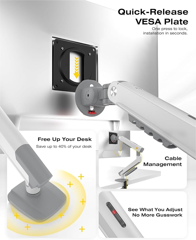 NB SmooVex™ Single Monitor Arm for Monitors 17'' to 32 inch, Mechanical Spring Mount Load up to 9 kg, VESA 75/100 mm Monitor-Mount A5 (White) - Image 6